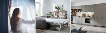 Platzsparende Einrichtung für kleine Räume: Frau am Fenster, modernes Schlafsofa mit Matratze im Wohnzimmer und kompakte Einbauküche mit viel Stauraum – clevere Wohnideen für Singlewohnungen und kleine Apartments.